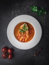 Fish soup in white plate on dark background. Overhead view Royalty Free Stock Photo