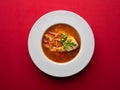 Fish soup in white plate on red background. Overhead view Royalty Free Stock Photo