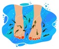 Fish spa. Pedicure wellness care treatment with rufa garra. Vector isolated illustration