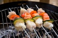 Fish spear grilling on barbecue Royalty Free Stock Photo