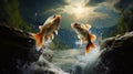 Fish in a spectacular jump, reaching high heights in the waterfall