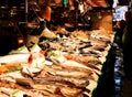 Fish stand inside the Boqueria market in Barcelona