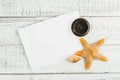 Fish star and sea shells on the wooden background Royalty Free Stock Photo