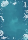 Fish, starfish, sand dollar, squid, jellyfish, crab, shrimp and sea shell frame vector. Royalty Free Stock Photo