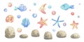 Fish, starfish, seashell, bubbles, pebbles. Watercolor illustration hand drawn with pastel colors turquoise, blue, mint