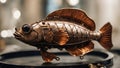 fish _a steampunk A close-up view of a steampunk fish, with copper scales, brass fins,
