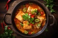 Fish stew with vegetables in a pan on a wooden background. Top view