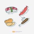 fish sushi, beef sausage, salty potato chips, grill sausage doodle icon. Fast food Cute doodle. Cuisine and drink Sticker Set