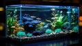 Fish swim in a blue neon aquarium