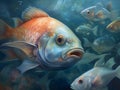 Fish swimming in the water. Aquarium scene. Digital painting. AI Generated