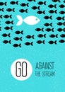 Fish swims against the stream. blue flat poster.