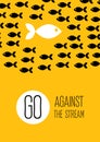 Fish swims against the stream. Creative yellow flat poster.