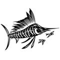 Fish sword, marlin surrounded by small fish logo. Emblem of a fishing or sports club, tattoo with various linear patterns Royalty Free Stock Photo