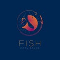 Fish symbol icon and fishing rod, air bubble set orange violet g