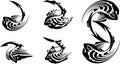 Twirled tribal fish symbols in black and white tones Royalty Free Stock Photo