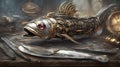 fish on a table A close-up view of a steampunk dolphin fish, with silver scales, gold fins