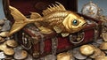 fish on a table steampunk A close up view of a steampunk gold fish, with gold scales, silver fins,