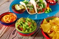 Fish tacos mexican food guacamole nachos and chili Royalty Free Stock Photo