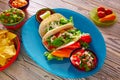 Fish tacos mexican food guacamole nachos and chili Royalty Free Stock Photo