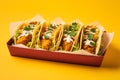 Fish Tacos tasty fast food street food for take away on yellow background