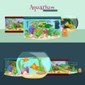 Fish tank, aquarium with water, animals, algae, corals, equipment