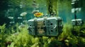 A fish tank with a goldfish inside of it. Generative AI image. Royalty Free Stock Photo