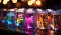 Fish tank illuminated with multi colored lighting equipment, underwater celebration generated by AI Royalty Free Stock Photo