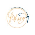 Fish text made from Fishing rod frame circle shape, logo icon set design orange and dark blue color illustration Royalty Free Stock Photo