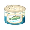 Fish tin can isolated on white background. Canned tuna. Packing boiled can of salmon, sardines, mackerel or seafood.