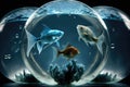 fish in transparent globes and containers on blue planet of future aquarium fish in space