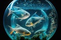 fish in transparent globes and containers on blue planet of future aquarium fish in space