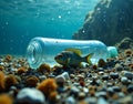 A fish trapped inside a discarded plastic bottle at the ocean floor Royalty Free Stock Photo