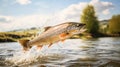 Fish trout jumping with splashing in water. Fishing concept. Royalty Free Stock Photo