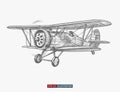 Hand drawn retro airplane. Realistic vintage biplane isolated. Engraved style vector illustration. Royalty Free Stock Photo