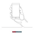 Continuous line drawing of hand holding abstract smart phone. Vector illustration.