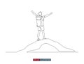 Continuous line drawing of winner man on mountain peak. Climber on mountain top silhouette. Victory symbol.