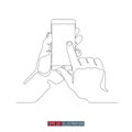 Continuous line drawing of hands holding phone. Abstract smart phone silhouette. Vector illustration.