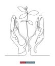 Continuous line drawing of Hand drawn hand gesture. Safe palms with sprout. Vector illustration.
