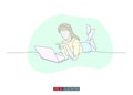 Continuous line drawing of girl lying with laptop. Vector illustration. Royalty Free Stock Photo