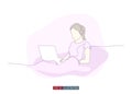 Continuous line drawing of girl with laptop. Vector illustration. Royalty Free Stock Photo