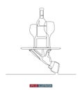 Continuous line drawing of waiter hand holding tray with wine bottle and glasses. Template for your design works.