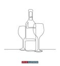 Continuous line drawing of wine bottle and glasses. Vector illustration. Royalty Free Stock Photo