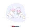 Continuous line drawing of hands holding wine glasses. Vector illustration. Royalty Free Stock Photo