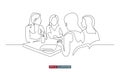 Continuous line drawing of girls at a table in a cafe. Vector illustration.