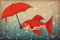 A fish with an umbrella floating in the water. AI generative image.