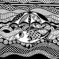 Fish with umbrella on the sea or ocean. vector. zentagl. doodling