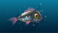 Fish under water with air bubbles over blue background, fishing live bait in river, sea. Vector illustration Royalty Free Stock Photo