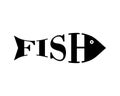 Fish vector logo. Inscription and icon fish. Black silhouette on white blank background.