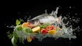 Fish and Vegetable fresh water splashing on the isolated background
