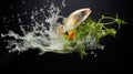 Fish and Vegetable fresh water splashing on the isolated background